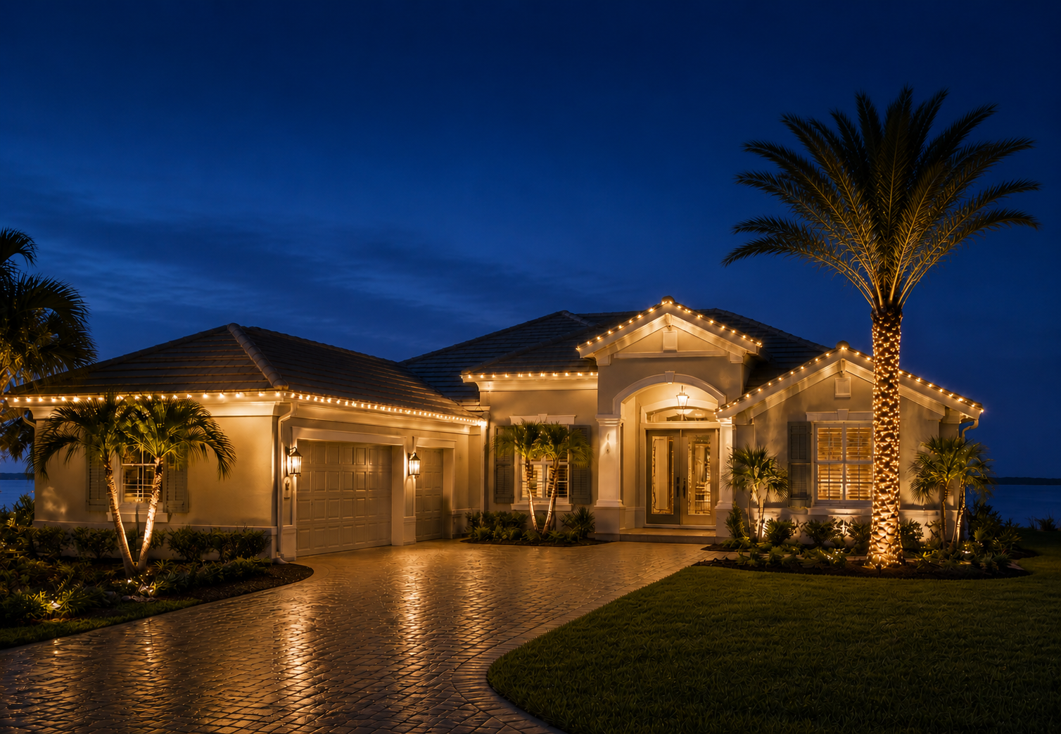 A well-kept home at dusk with warm white holiday lighting along the roofline, entryway, and palm trees