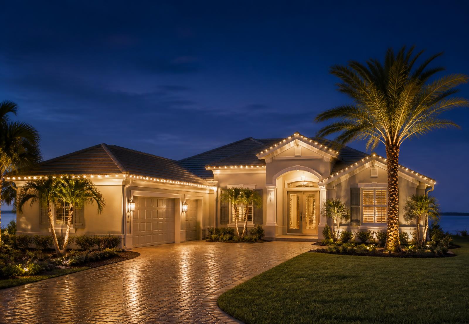 A well-kept home at dusk with warm white holiday lighting along the roofline, entryway, and palm trees